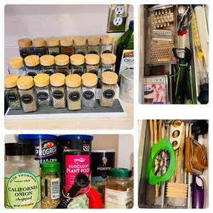 Lot #152- Spice Rack W/Spices, Top Cupboard of Spices and Oils, & 2 Drawers of Kitchen Gadgets 