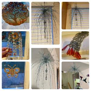 Lot #158-*(5) Indoor/Outdoor Wire Waterfall Hanging Art, Crystal Wind Chime, Glass Hummingbird, & More