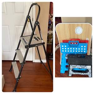 Lot #159- Step Ladder, (3) Small Step Stools, & TV Tray