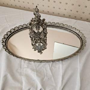 Lot #211- Vintage Ornate Filigree Purfume Bottle & Vtg Metal Framed Table Mirror