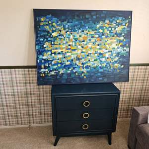 Lot #233- Modern Pomeroy Indigo 5 Drawer Chest & Unique Wall Art