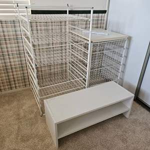 Lot #234- (2) Metal Racks with Drawers and (1) Wood Shelving Unit