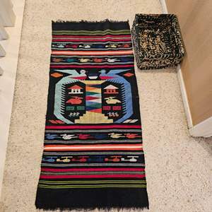 Lot #250-Vintage Guatemalan Hand Woven Shawl/Tapestry & Hand Made Rag Basket