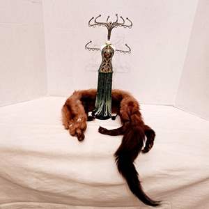 Lot #254- Vintage Fur Faux? Pelt and Embroidered Mannequin Jewelry Holder