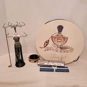 Lot #255- Mannequin Jewelry Holder, 2 Necklaces , Xl Hat Box , Ashtray