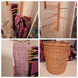 Lot #269- Large Lot of Scarves, Wall Organizer &  Sm Wicker Hamper Basket