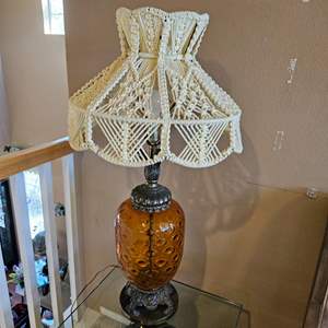 Lot #272- Unique Vtg Amber Glass Lamp and Hardened Macrame Lamp Shade