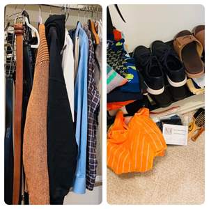 Lot #277- Men’s Brand Name Clothing, Shoes & Accessories: Prada, Nordstroms & More Name brand Belts, Shoes 11.5, Shirts L, Pants