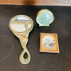 Lot #281- Vintage Baby Ben Westciox Clock, Antique Brass Liberty Style Mirror & Vtg Picture Frame