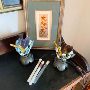 Lot #282- (2) Vintage Stained Glass Tiffany Stile Table Lamps, Framed Floral on Foil Picture