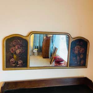 Lot #292- Antique French Ornate Gold Tone 3-Section MIRROR with ART Oil Painting Side Panels