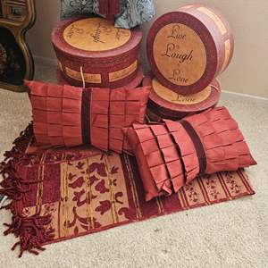 Lot #310- Decor Pillows, Various Hat Boxes and Table Runner