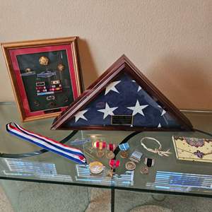 Lot #319- Military Memorabilia..USA Flag in Case , Metals and More