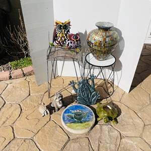 Lot #351- Outdoor Yard Art: Metal Owls, Mosaic Vase, Turtles, Frogs, Step Stone, & More