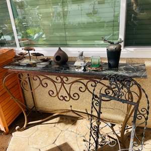 Lot #356- Outdoor Cast Iron Marble Top Table & Yard Art Metal Decor