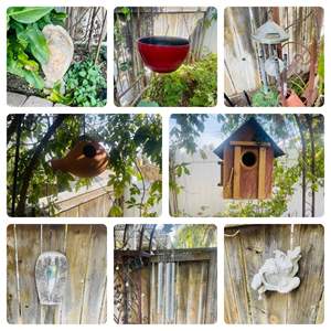 Lot #360- Yard Art, Cement Mary, Mirror, Wind Chime, Angel on Wall, & More