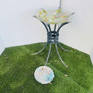 Lot #361- Metal/Glass Bowl Bird Bath (Beautiful Colors), & Frog Rock Bowl