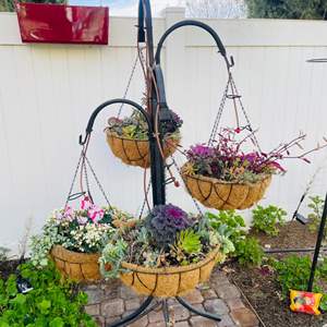 Lot #363- (4) Piece Hanging Succulent Baskets & Metal Stand