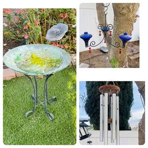 Lot #364-Metal/Glass Bird Bath, Wind-chime, & Hanging Wall Art