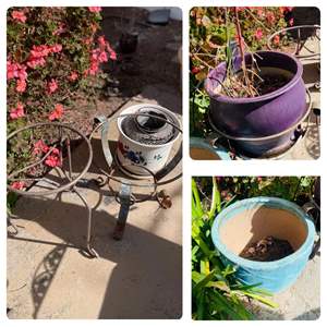 Lot #368- (3) Large Colorful Ceramic Pots, & (3) Metal Plant Stands