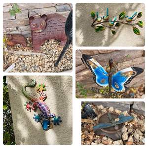 Lot #383- Yard Art: Multi Colored Butterfly, Gecko, Birds, (2)Metal Tigers, & Stake