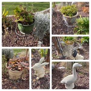 Lot #385-* (3) Ceramic Potted Plants in Metal Stands, Goose/Rabbits, & Watering Can On Hook