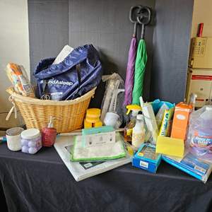 Lot #451- Closet Finds: Large Basket, Wi-Fi Panorama Camera, Shower Curtain, Cleaning Supplies, & More