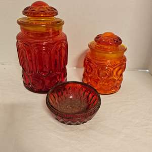 Lot #453- Orange-Red Tinted Glass Canisters & Bowl