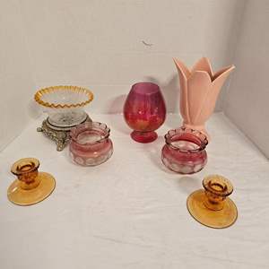 Lot #454- Amber Colored Candle Holders, Cranberry Colored Bowls, Vase, & More