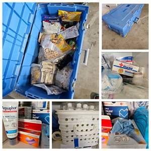 Lot #457- Tote of Vacuum Sealed Food & 2 Shelves of First Aid Supplies