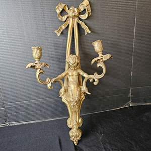 Lot #459- Antique Cast Iron Gold Color French Louis XVI Style Cherub Wall Sconce Candle Holder Candelabra 