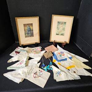 Lot #460 - Vintage Frames With Pictures, Vintage Coin Bag, Embroidered Hankies, & More 