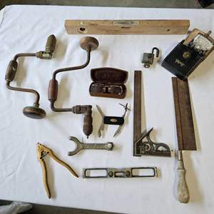 Lot #461- Vintage Tool Lot: Receptacles, Level, Multi Tool, Hooks, & More