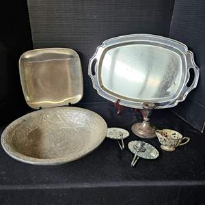 Lot #463- Silver Colored Bowl, Platters, Hooks, Candle Holders, & Vintage Cup