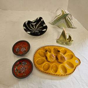 Lot #467- Asian Bowls, Sailboat, Black & White Carved Bowl, Glass Swan Figurine, & Egg Holder