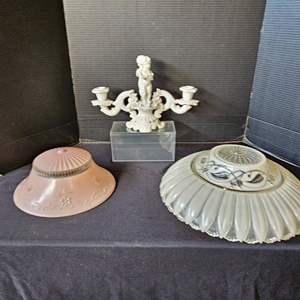 Lot #470- Vintage Glass Lamp Shades, & Vintage Italian White Candelabra Cherub 