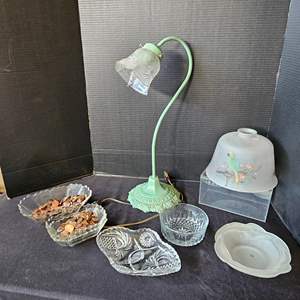 Lot #472- Vintage Stunning Goose Neck Table Lamp, Cut Glass Dish, Painted Glass Light Cover, & Dish With Loose Change