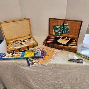 Lot #473- Antique Golden Nugget Game Box, Painters Box, Mandala Coloring Books, & Bow Tie Maker Kit 