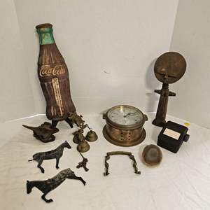 Lot #476- Vintage Brass Quartz Ship Clock, Coca Cola Sign, Iron Flat Horse, Brass Wall Bell, & More