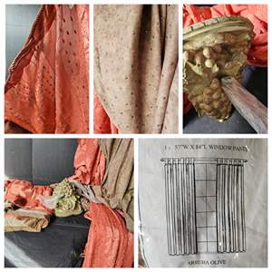 Lot #479- (6) Burnt Orange Curtains, (6) Olive Green Curtains, & Faux Grapes Wall Sconce