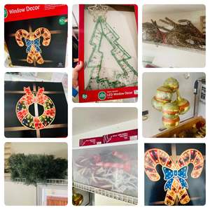 Lot #485- Christmas Decorations: LED Window Decor, Lights, Deer, & Sleigh Decorations 