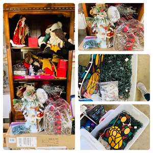 Lot #486 *- Christmas Decorations: Christmas Lights, Snowman Figurine, Large Gold Bows, Angel, Faux Candles, & More