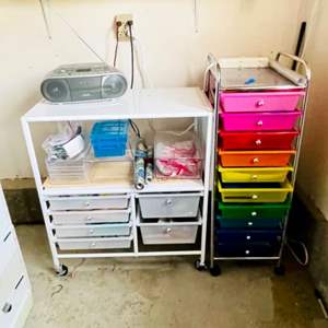 Lot #492- Multi Colored Rolling Storage Cart, White Rolling Storage Cart, and ALL Contents Included