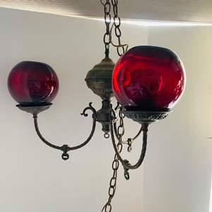 Lot #494- Vintage Victorian Glass Red Bulb Hanging Light Plus (1) Additional Bulb