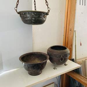 Lot #496  (3) Antique Metal Material LG Bowls