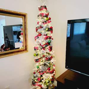 Lot #17- 7ft Flocked and Decorated Slim Christmas Tree