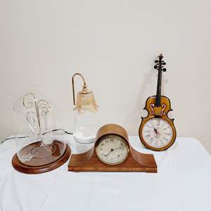 Lot #18-Vintage Seth Thomas Mantle Clock, Amadeus Violin Wall Clock, Large Cloche with Crystal Ornaments 