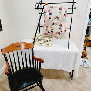 Lot #30- Metal Quilt Stand with Handmade Quilt and Wood Desk Chair