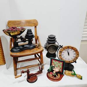 Lot #39- Vintage Metal Kitchen Scale, Vintage Children’s Chair, Vintage Lantern and Apple Peeler