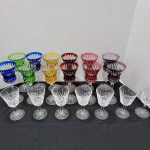 Lot #47- Vintage Tall Multi-Color Wine Hocks , Waterford Crystal Goblets and Cabinet Filled with Collection of Glass and Crystal